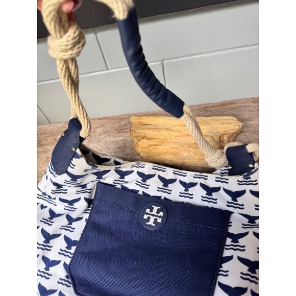 Tory Burch Navy Whale Print Canvas Hobo Shoulder Bag Rope Handle Summer Nautical - Picture 9 of 9